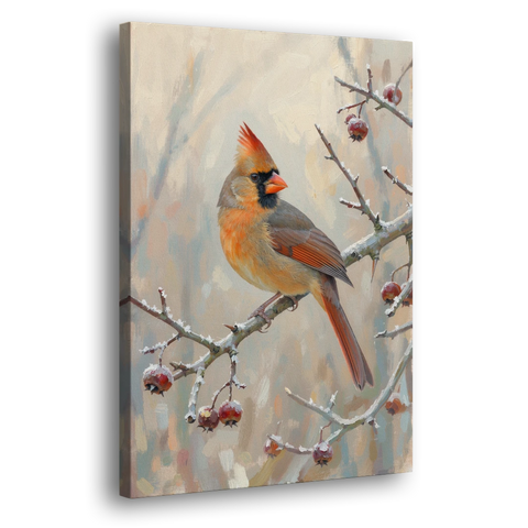 Winter Painting Canvas Cardinal on Frosted Hawthorn - Canvas Wall Art