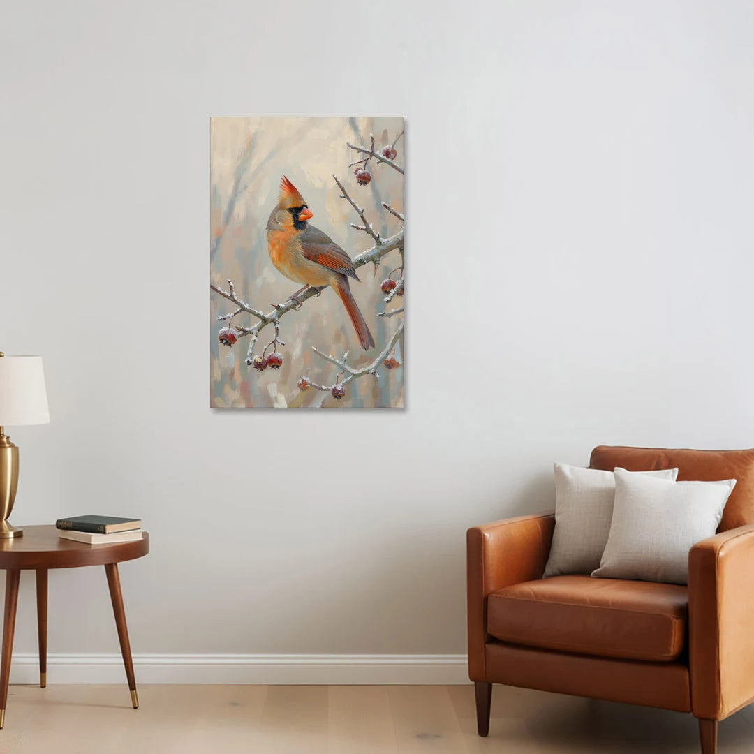 Winter Painting Canvas Cardinal on Frosted Hawthorn - Canvas Wall Art - Sofa - 24x36