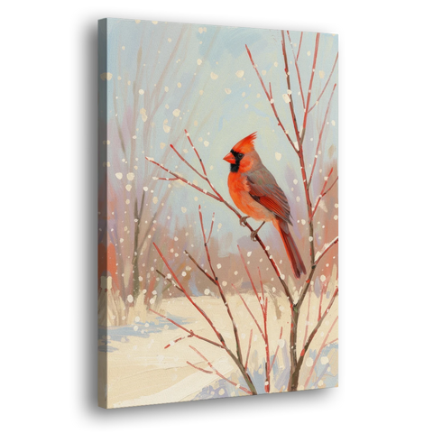 Winter Red Bird on Snowy Dogwood - Canvas Wall Art