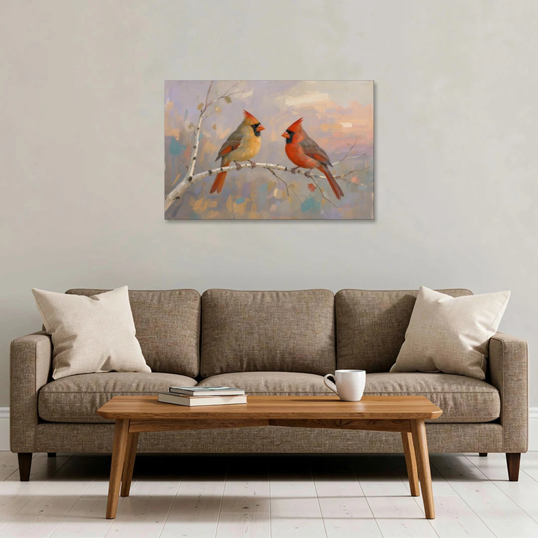 Winter Red Cardinal Pair on Twilight Birch - Canvas Wall Art - Sofa - 36x24