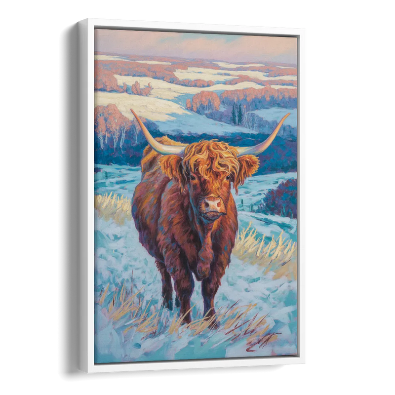 Winter Wonderland Highland Cow Side - White Canvas Wall Art