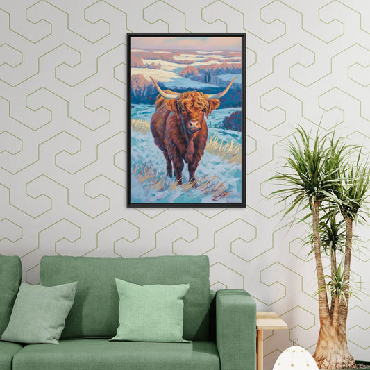 Winter Wonderland Highland Cow - Living Room Black Frame Canvas
