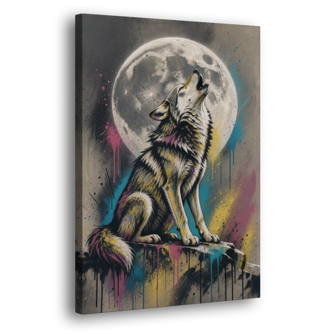 Street Art Wolf Howling at the Moon - Canvas Wall Art