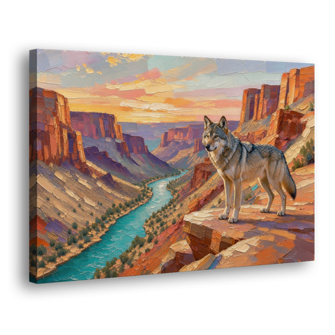 Wolf Landscape Painting Above the Canyon River - Canvas Wall Art