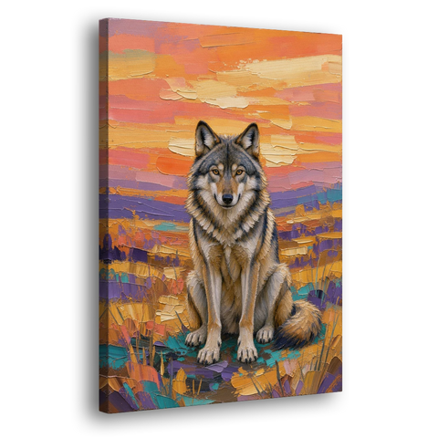 Wolf Oil Painting in Sunset Meadow - Canvas Wall Art