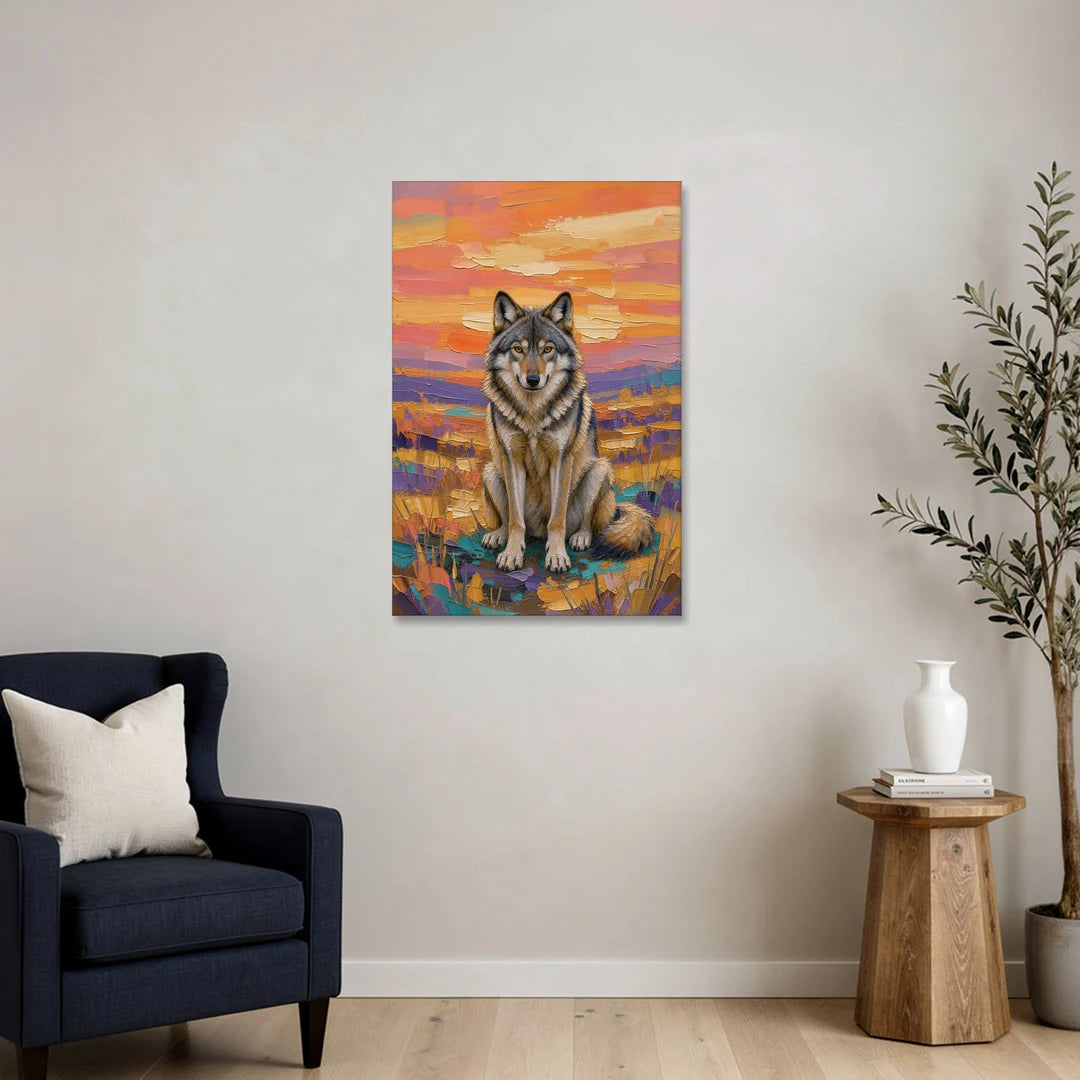 Wolf Oil Painting in Sunset Meadow - Canvas Wall Art - Sofa - 24x36