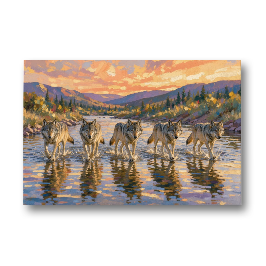Wolf Pack Painting River Crossing at Sunset - Canvas Wall Art - Front