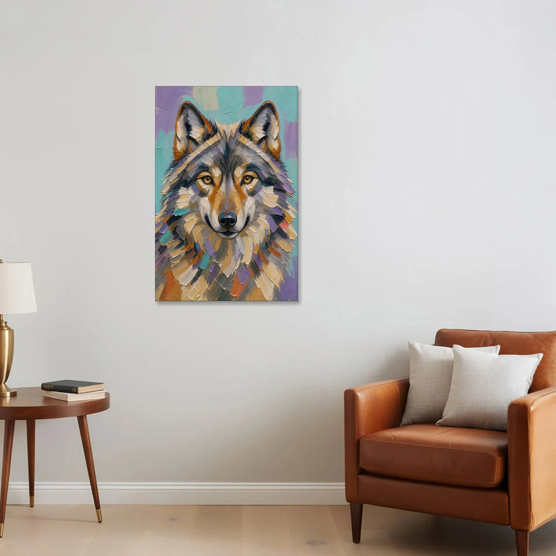 Wolf Portrait Painting in Knife-Cut Pastels - Canvas Wall Art - Sofa - 24x36