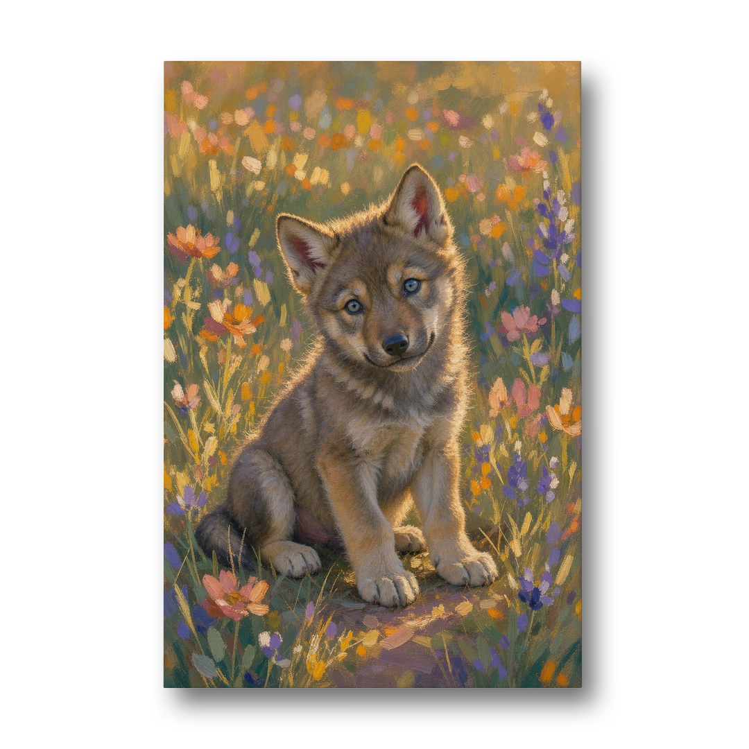 Wolf Pup Painting with a Curious Tilt - Canvas Wall Art - Front