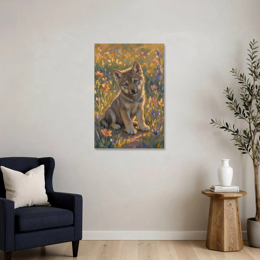 Wolf Pup Painting with a Curious Tilt - Canvas Wall Art - Sofa - 24x36