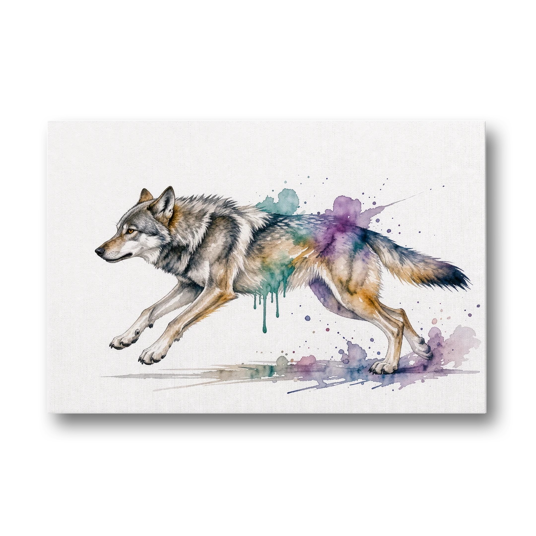 Wolf Watercolor Painting in Full Stride - Canvas Wall Art - Front