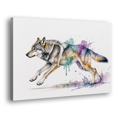 Wolf Watercolor Painting in Full Stride - Canvas Wall Art