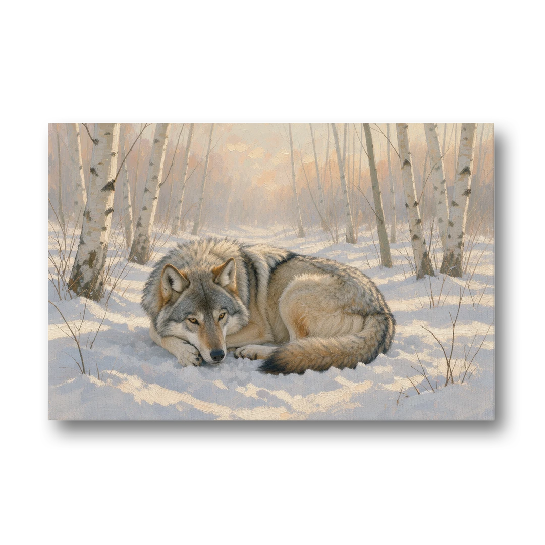 Wolf in Snow Painting Among the Birches - Canvas Wall Art - Front