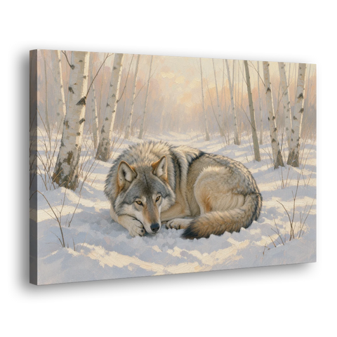 Wolf in Snow Painting Among the Birches - Canvas Wall Art