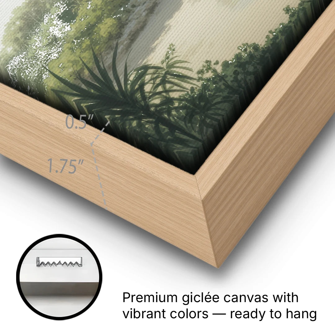 Xcaret Shoreline - Oak Framed Canvas Wall Art - Gallery Wrap Corner