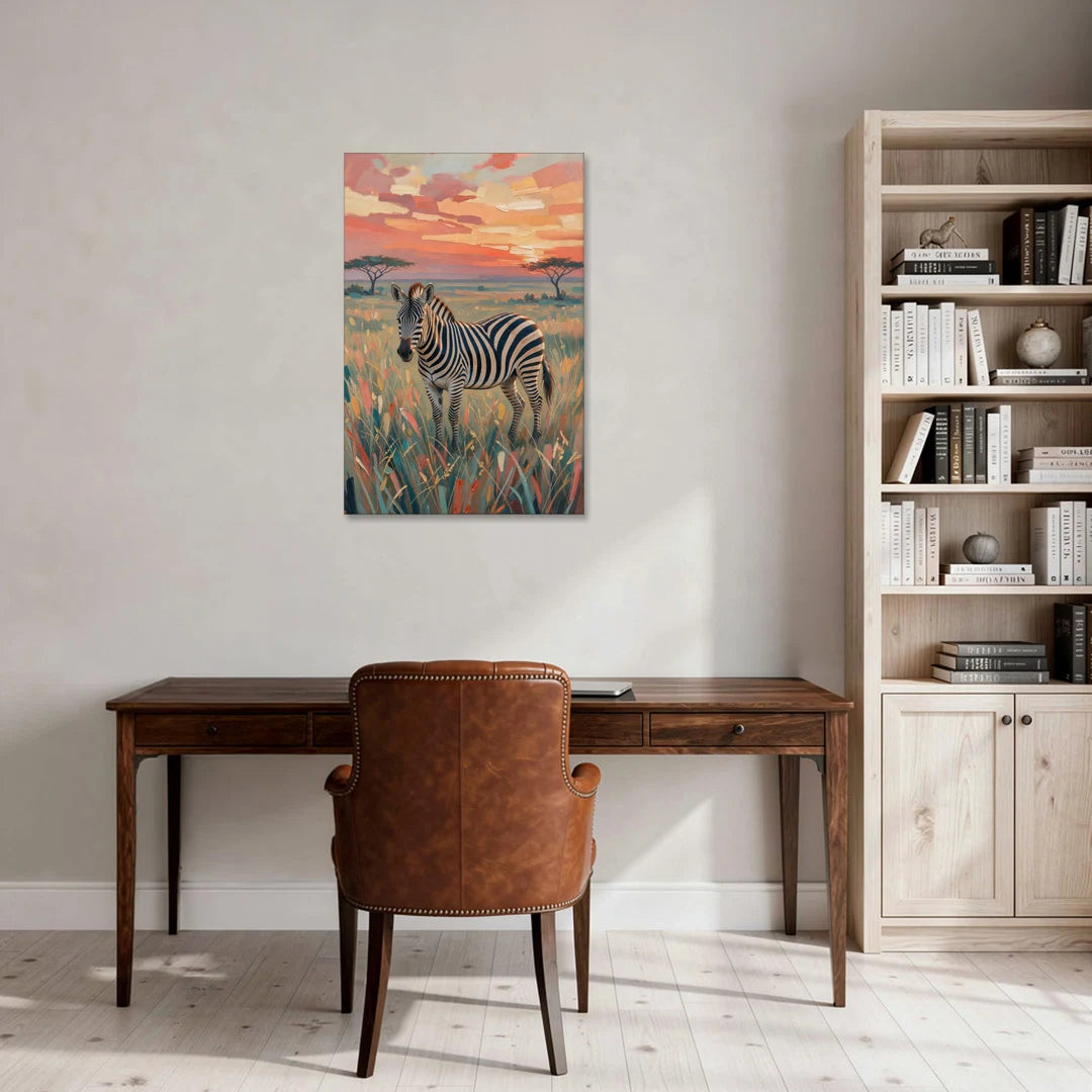 Zebra Oil Painting in Sunset Grass - Canvas Wall Art - Office - 24x36