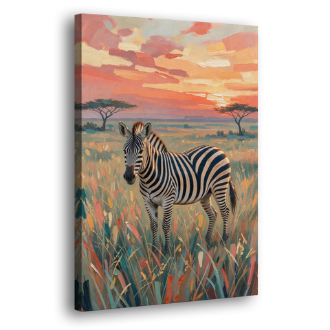Zebra Oil Painting in Sunset Grass - Canvas Wall Art