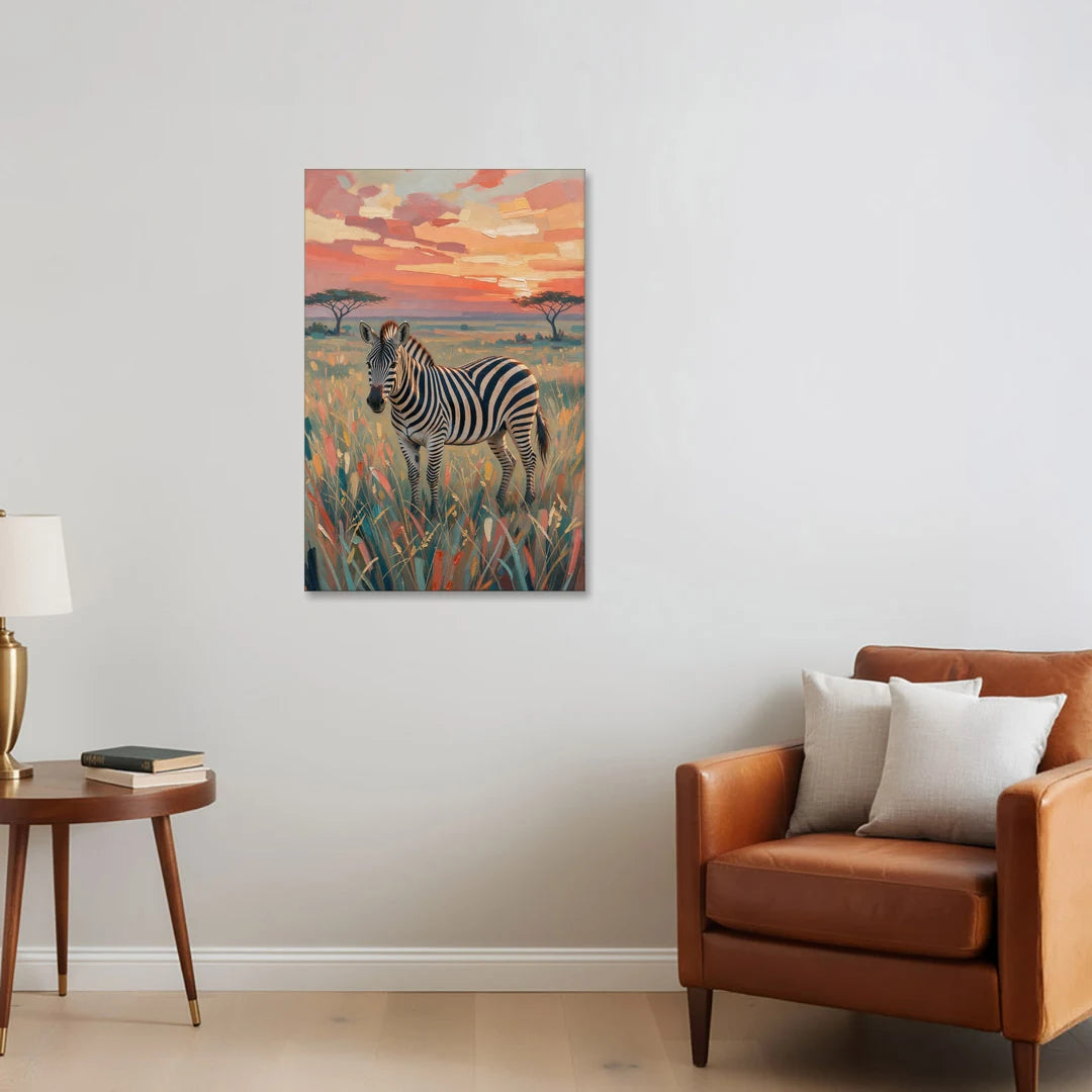 Zebra Oil Painting in Sunset Grass - Canvas Wall Art - Sofa - 24x36