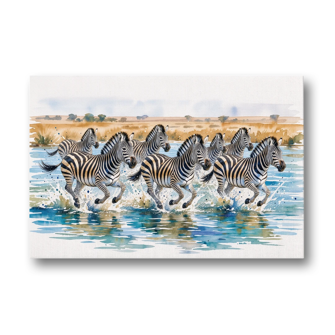 Zebra Watercolor Painting River Crossing - Canvas Wall Art - Front