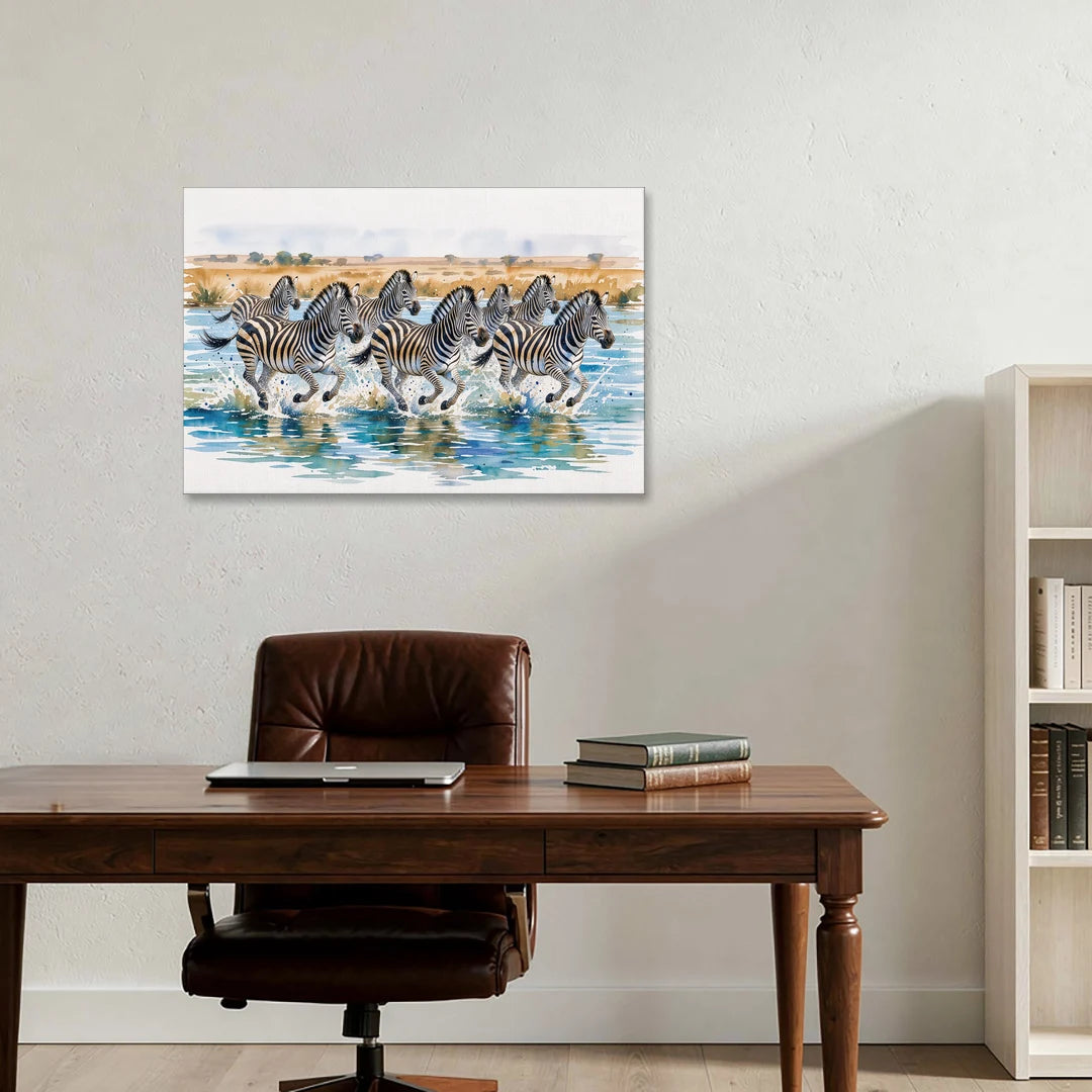 Zebra Watercolor Painting River Crossing - Canvas Wall Art - Office - 36x24