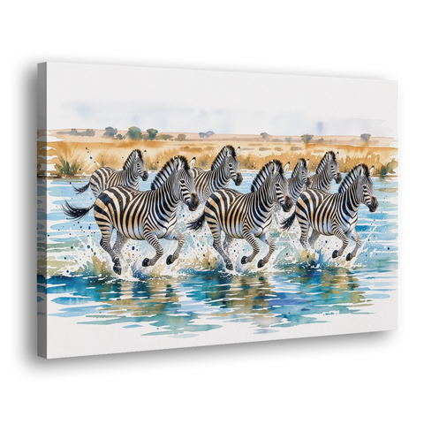 Zebra Watercolor Painting River Crossing - Canvas Wall Art
