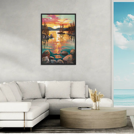 Lake Tahoe Sunset Reflections - Living Room Black Frame Canvas