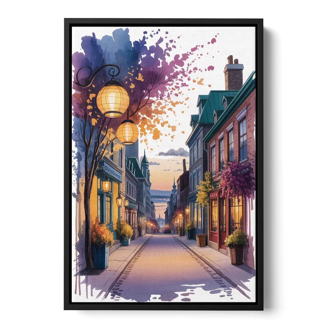 Quebec City Lantern Glow - Black Frame Canvas