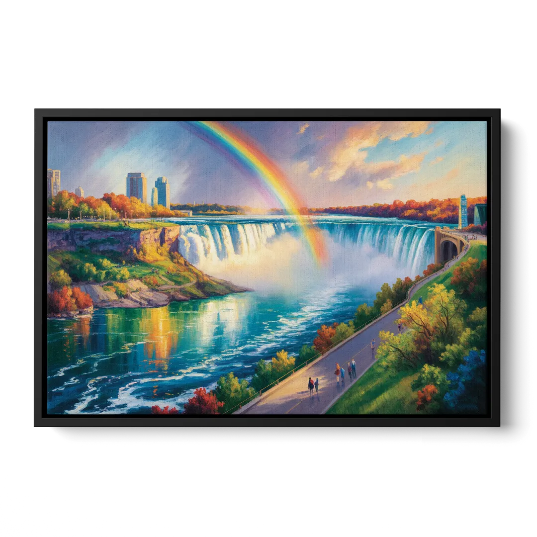 Rainbow Over Niagara Falls - Black Frame Canvas