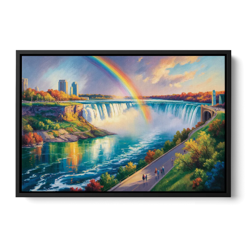 Rainbow Over Niagara Falls - Black Frame Canvas