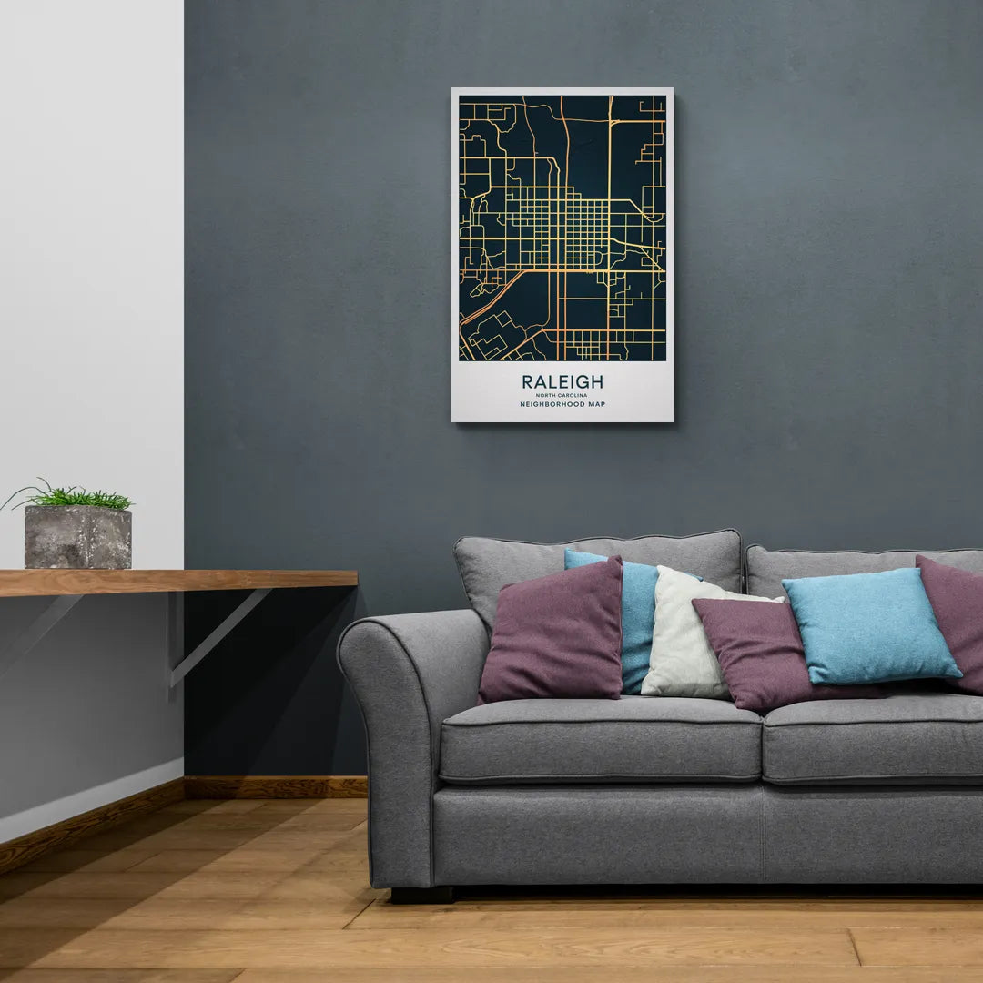 Raleigh Neighborhood Map - Canvas Wall Art Living Room