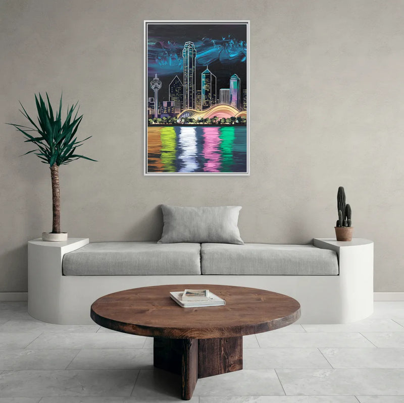 Dallas Skyline Reflection - Living Room White Frame Canvas