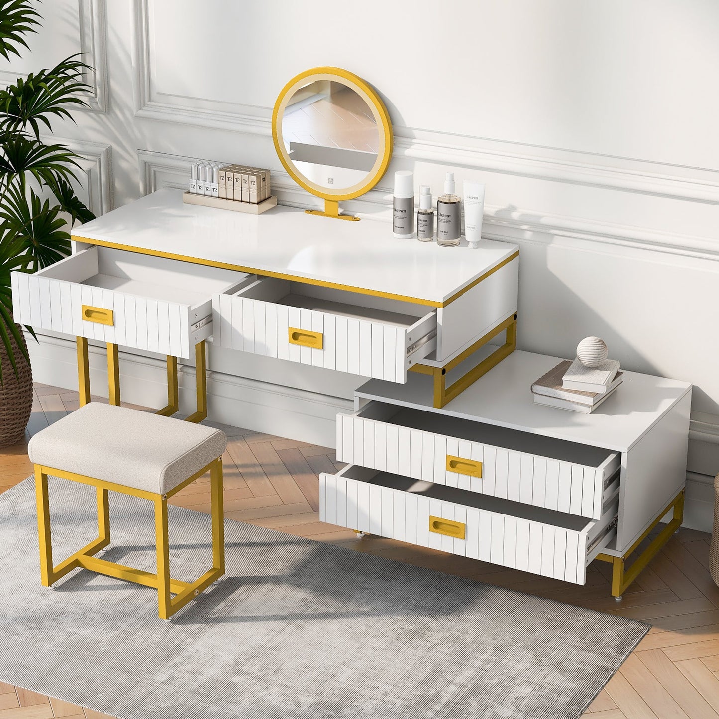 Elegant 4-Drawer Vanity Table with Side Cabinet – Modern Home Decor