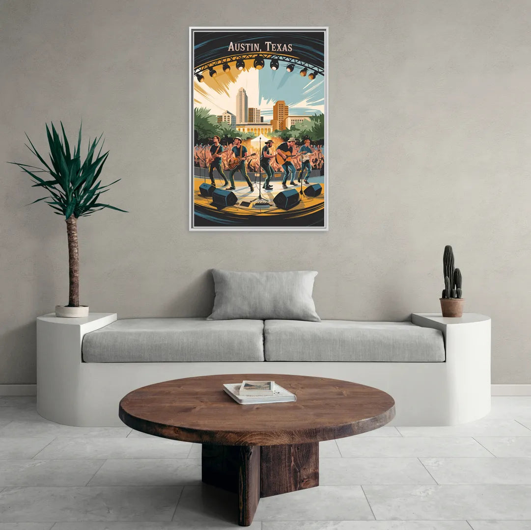 Austin Live Music Capital - Living Room White Frame Canvas
