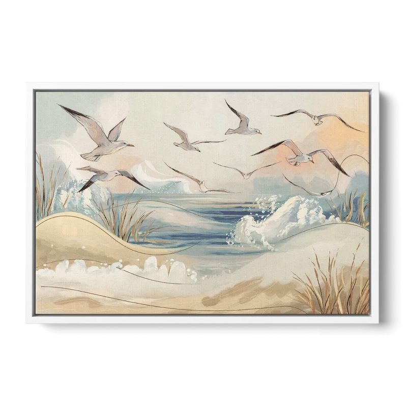 Myrtle Beach Seagulls In Flight - White Frame Canvas