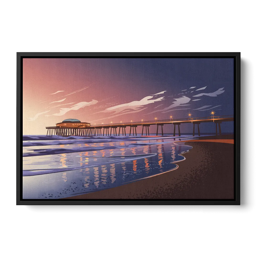 Huntington Beach Pier At Twilight - Black Frame Canvas