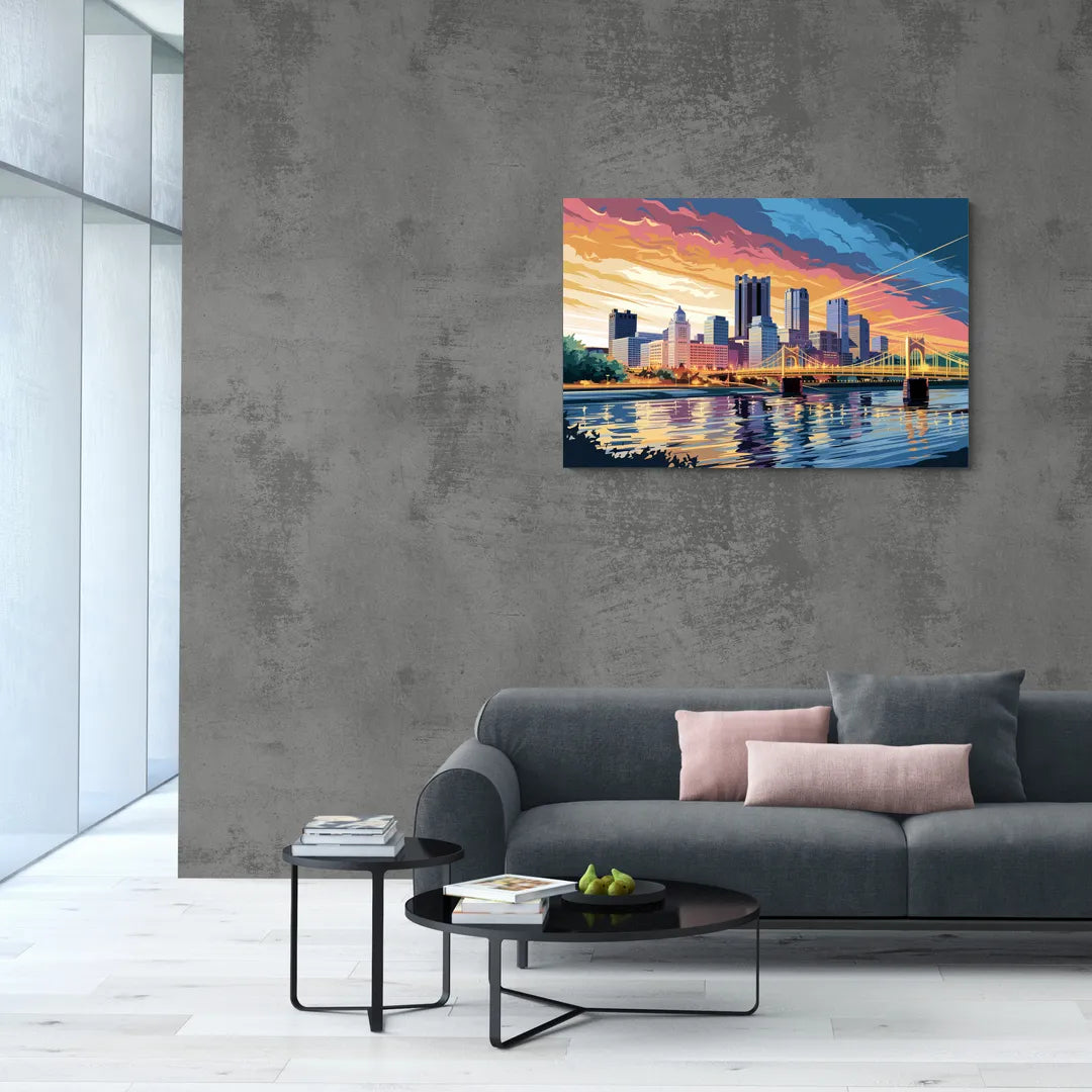 Pittsburgh Skyline At Sunset - Canvas Wall Art Living Room