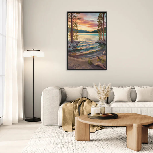 Lake Tahoe Tranquil Shoreline - Living Room Black Frame Canvas