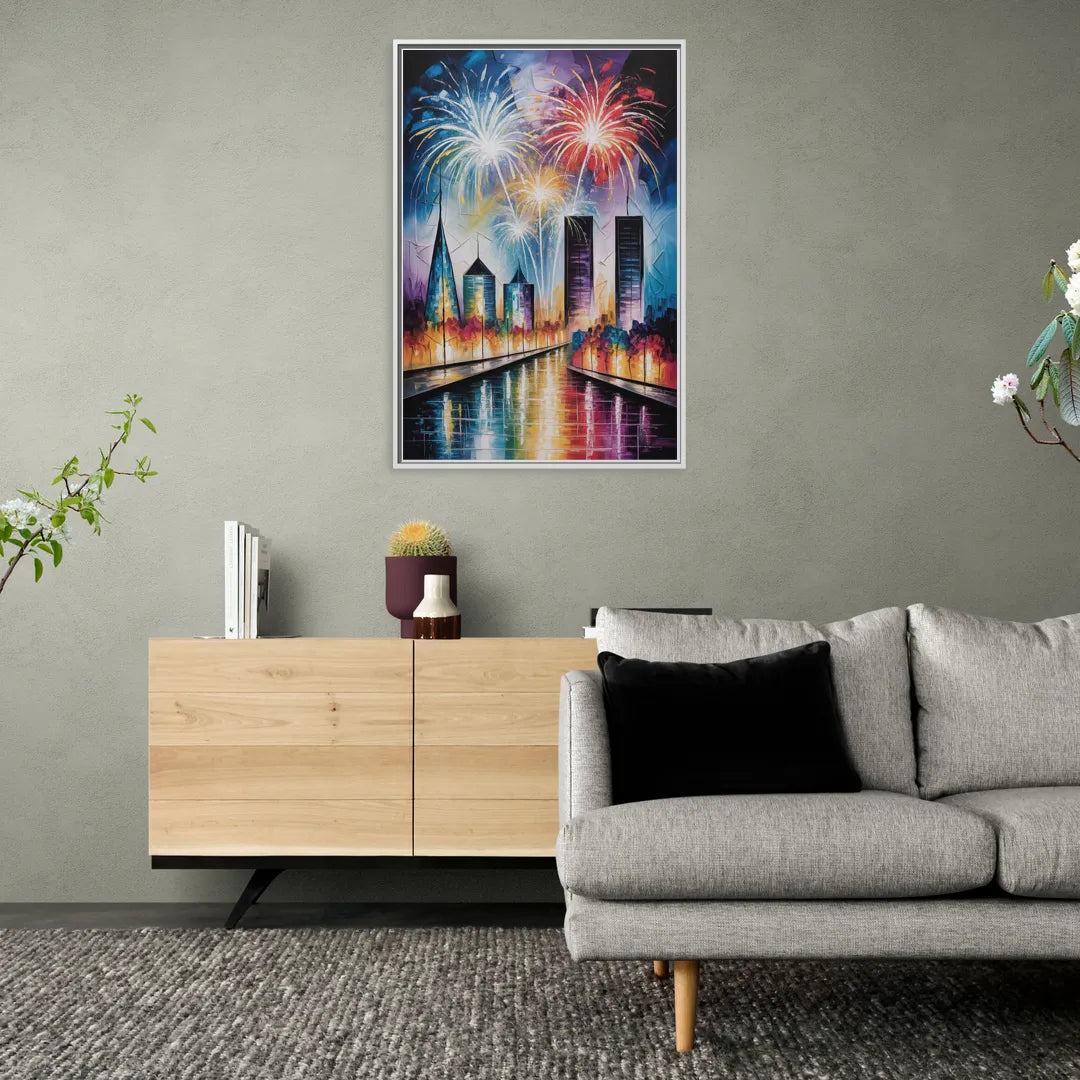 Montreal Fireworks Festival - Living Room White Frame Canvas