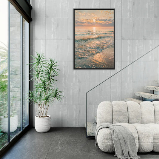 Seaside Golden Hour - Living Room Black Frame Canvas