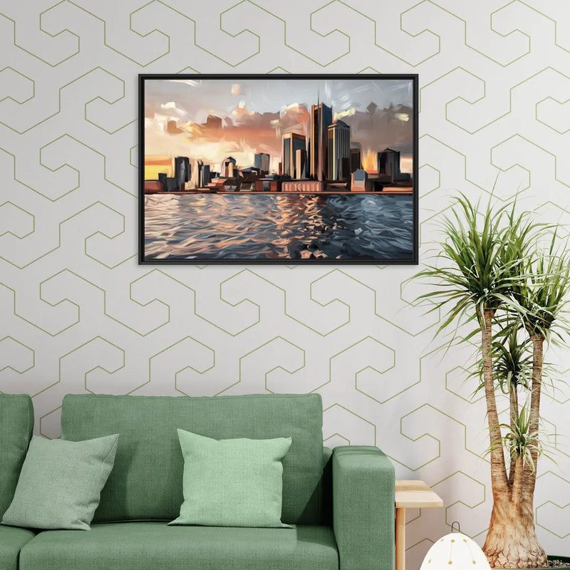 Detroit Cityscape Photography - Living Room Black Frame Canvas
