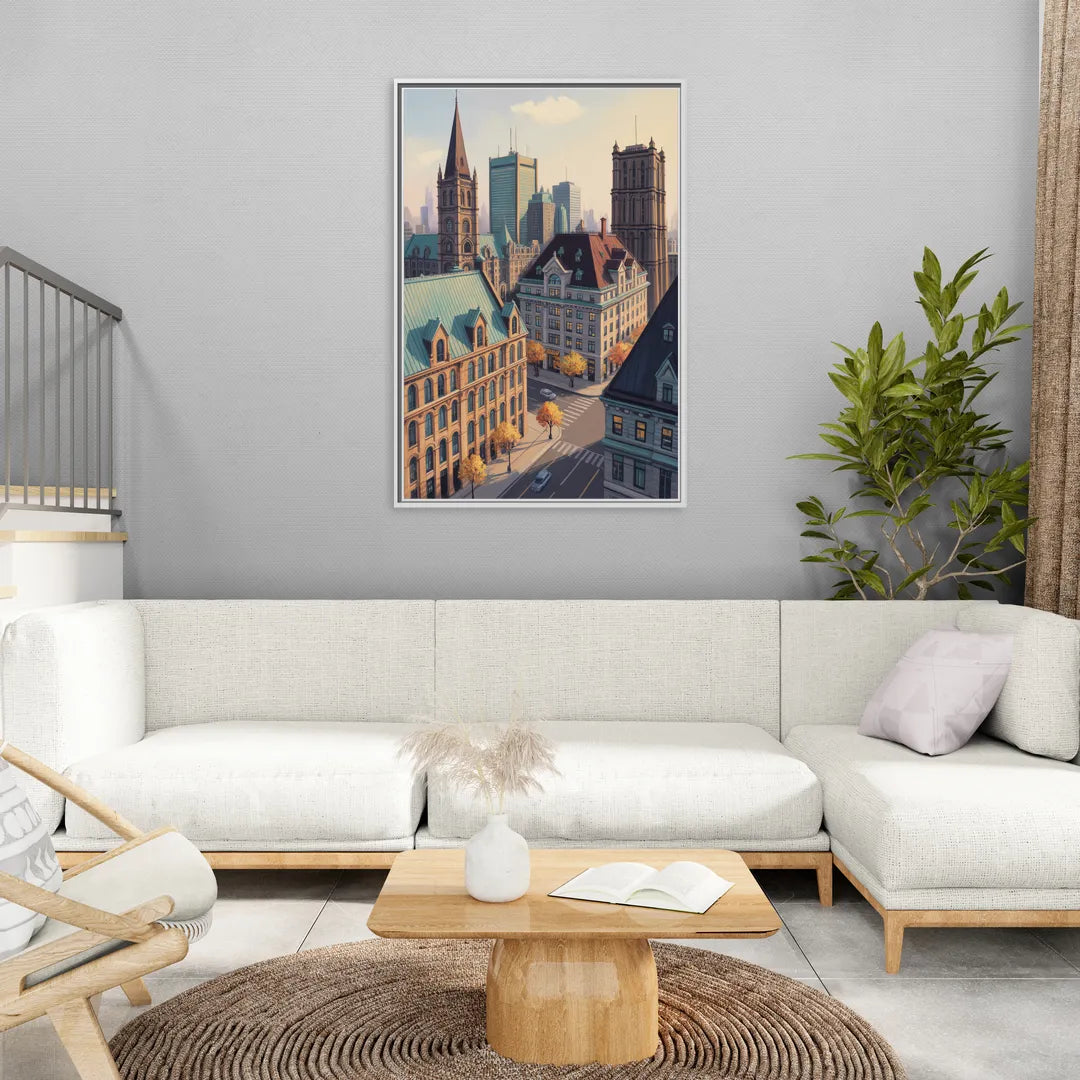 Montreal Historic Buildings - Living Room White Frame Canvas