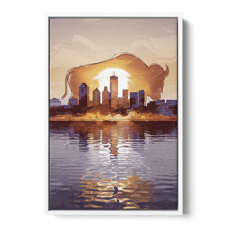 Buffalo Cityscape Reflection - White Frame Canvas