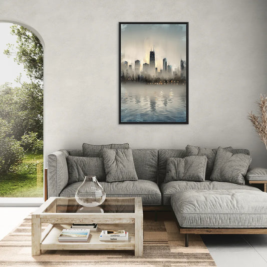 Chicago Skyline in Fog - Living Room Black Frame Canvas
