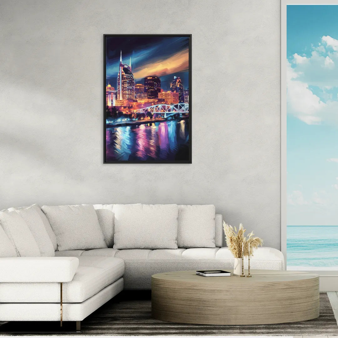 Nashville Bright Lights Skyline - Living Room Black Frame Canvas