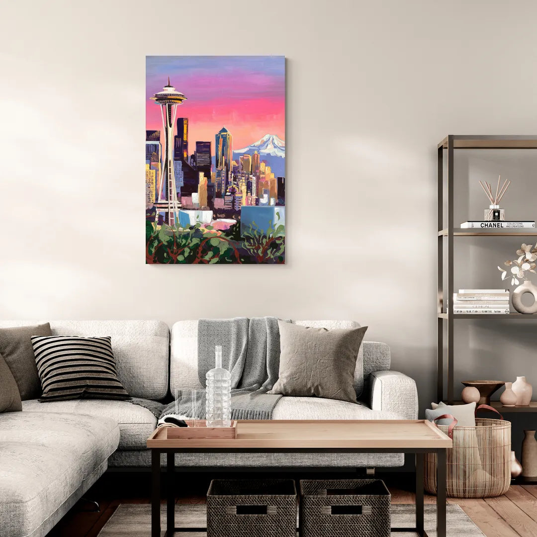 Seattle Skyline with Mount Rainier - Canvas Wall Art Living Room
