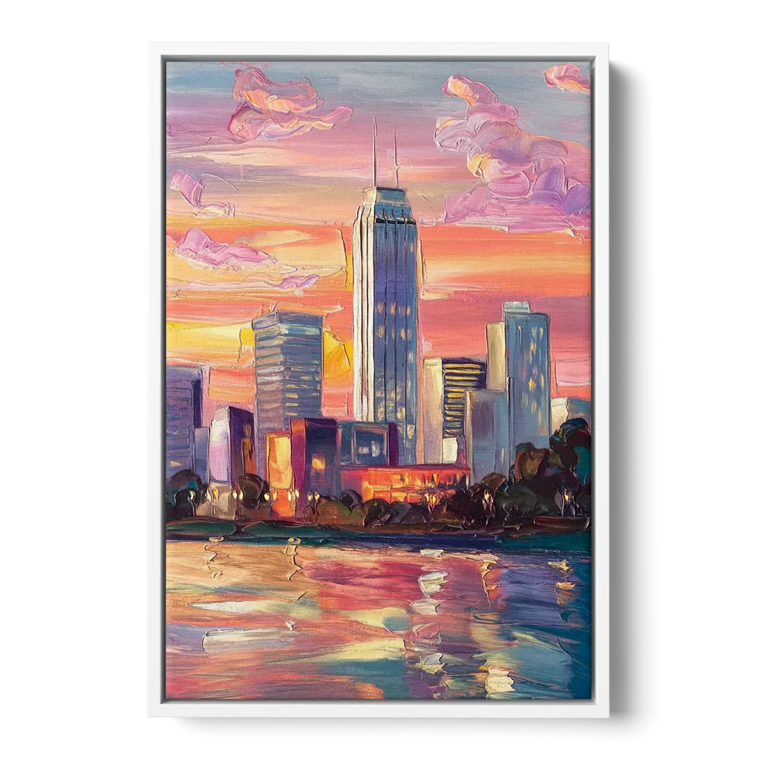 Oklahoma City Downtown Sunset - White Frame Canvas