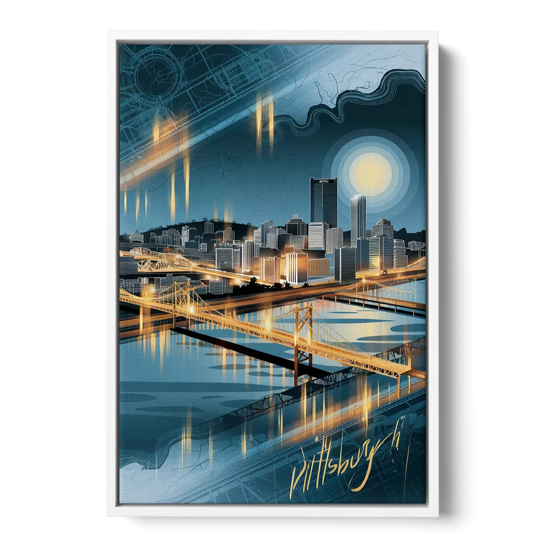 Pittsburgh Skyline and Map - White Frame Canvas