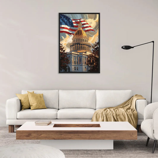 Savannah Capitol with American Flag - Living Room Black Frame Canvas