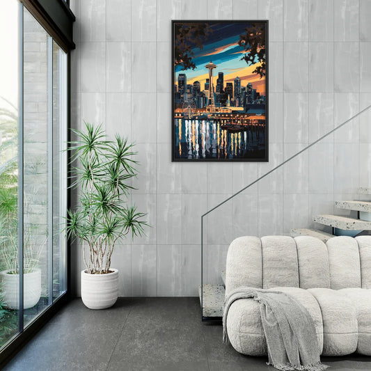 Seattle Waterfront at Twilight - Living Room Black Frame Canvas