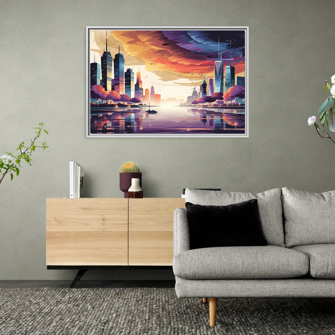 Garland Cityscape Sunset Horizon - Living Room White Frame Canvas